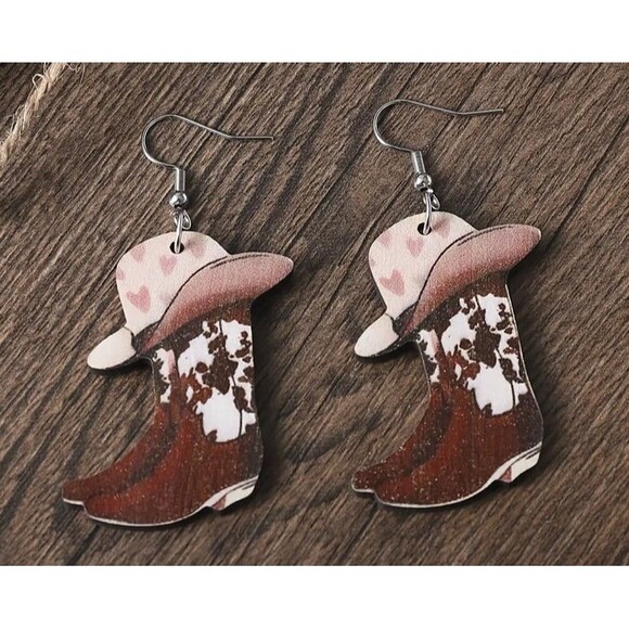 Western Cowboy Boot & Hat Wood Dangle Earrings – Rustic Western Style - Picture 2 of 7